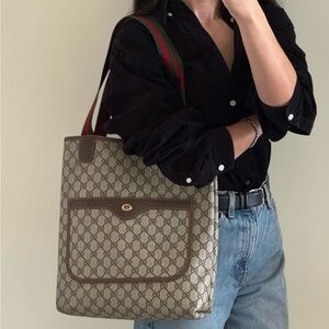 Gucci authentic brown monogram coated canvas tote bag ribbon handles